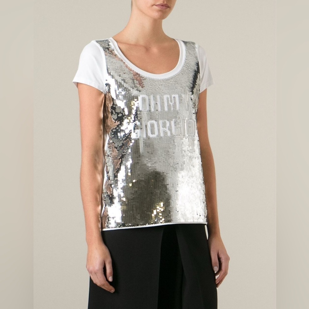 Emporio Armani Short Sleeve Sequin Oh My Giorgio Tee T Shirt White Silver 44